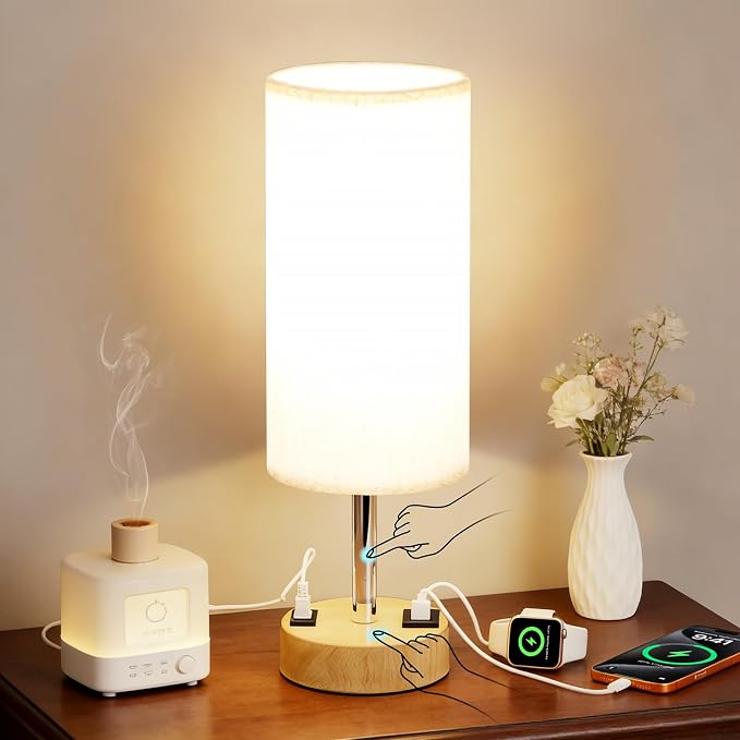 MOICO Bedside Table Lamp for Bedroom, 3-Way Dimmable Nightstand Lamp with USB C, USB A Ports & AC Outlet, Small Table Lamp Fabric Shade for Living Room Dorm Office, LED Bulb Included (14in Wood Grain)