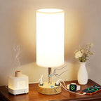 MOICO Bedside Table Lamp for Bedroom, 3-Way Dimmable Nightstand Lamp with USB C, USB A Ports & AC Outlet, Small Table Lamp Fabric Shade for Living Room Dorm Office, LED Bulb Included (14in Wood Grain)
