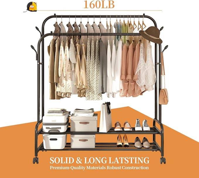 Antiwar Sturdy Metal Double Rodding Clothes Rack With Wheels, Portable Clothing Rack With Shelves & Hooks, Heavy Duty Garment Racks for Hanging Clothes, Multi-Functional Closet Rack for Bedroom, Black