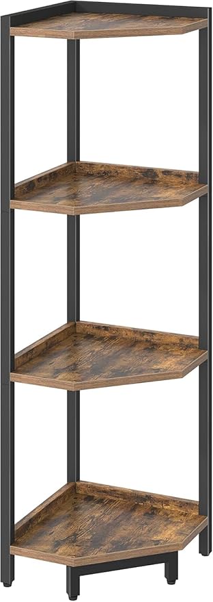 Hzuaneri Corner Shelf Stand, Corner Bookshelf, Storage Standing Shelf Unit with Metal Frame, Plant Stand, Bookcase for Living Room, Home Office, Bedroom, 4-Tier Rustic Brown CS05801B