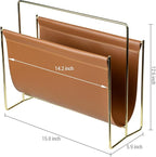 MyGift Magazine Holder Magazine Rack Floor 15-Inch Modern Brown Leatherette & Brass Plated Metal Floor Standing Faux Leather Sling Style Newspaper Rack for Home, Bathroom, Office Decor