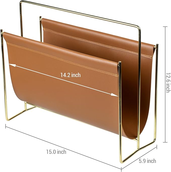 MyGift Magazine Holder Magazine Rack Floor 15-Inch Modern Brown Leatherette & Brass Plated Metal Floor Standing Faux Leather Sling Style Newspaper Rack for Home, Bathroom, Office Decor