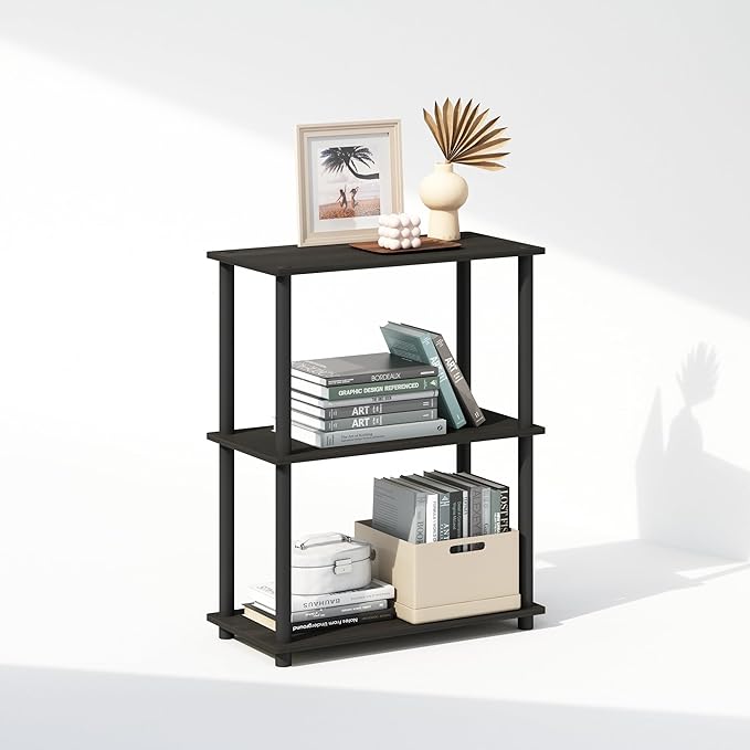 Furinno Turn-N-Tube Book Shelf, 3-Tier Bookshelf, Bookcase with Multipurpose Compact Display Rack, 11.6 x 23.6 x 29.6, for Living Room, Bedroom, Home Office, Espresso/Black