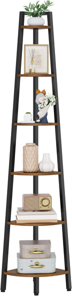 Hoctieon Corner Shelf, 6-Tier Corner Bookshelf, Rustic Ladder Shelf, Industrial Display Stand for Living Room, Kitchen, Home Office, Balcony, Small Space, Metal Frame, Rustic Brown