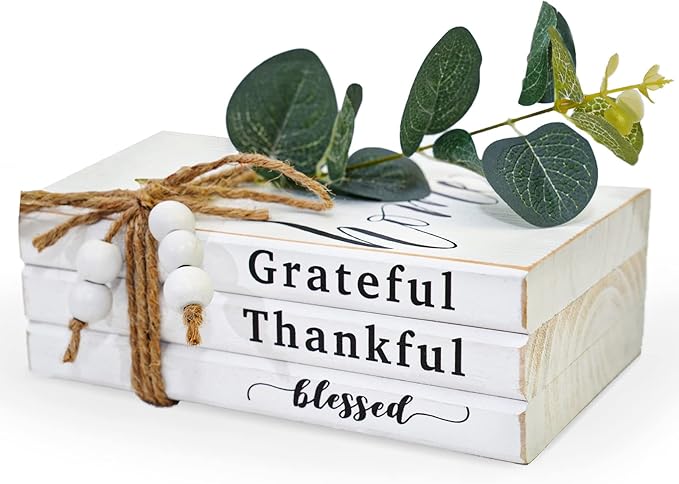 3 Pieces Wooden Decorative White Books, Rustic Farmhouse Faux Books for Coffee Table Shelves with Wood Bead Tassels and Leaves, 7'x 4.6'x 2.5' (Grateful, Thankful, Blessed)