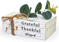 3 Pieces Wooden Decorative White Books, Rustic Farmhouse Faux Books for Coffee Table Shelves with Wood Bead Tassels and Leaves, 7'x 4.6'x 2.5' (Grateful, Thankful, Blessed)