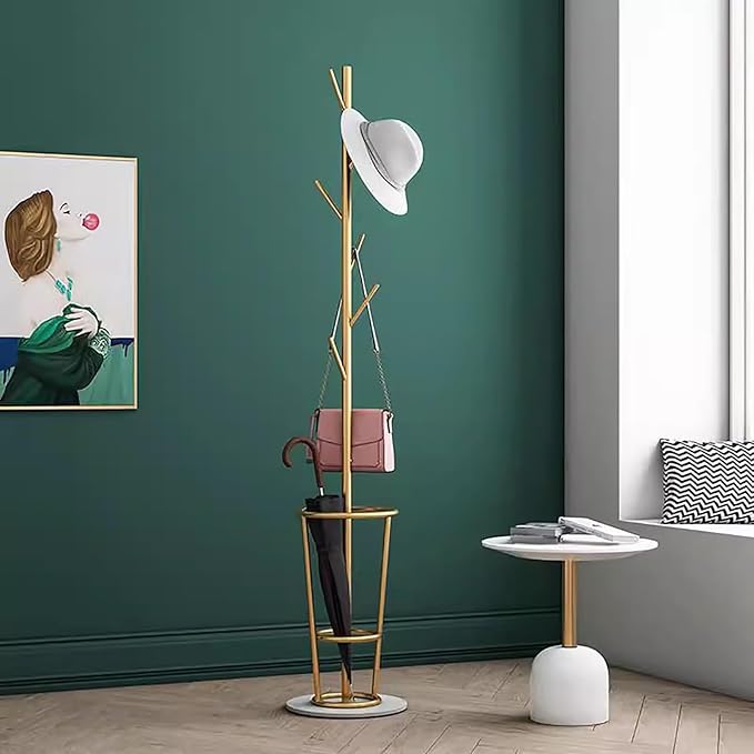 Metal Umbrella Stand with Coat Rack,Modern Umbrella Holder for Entryway,Freestanding Umbrella Rack with Marble Base,Tall Umbrella Storage for Indoor Outdoor Patio(66.9″, Gold Black)