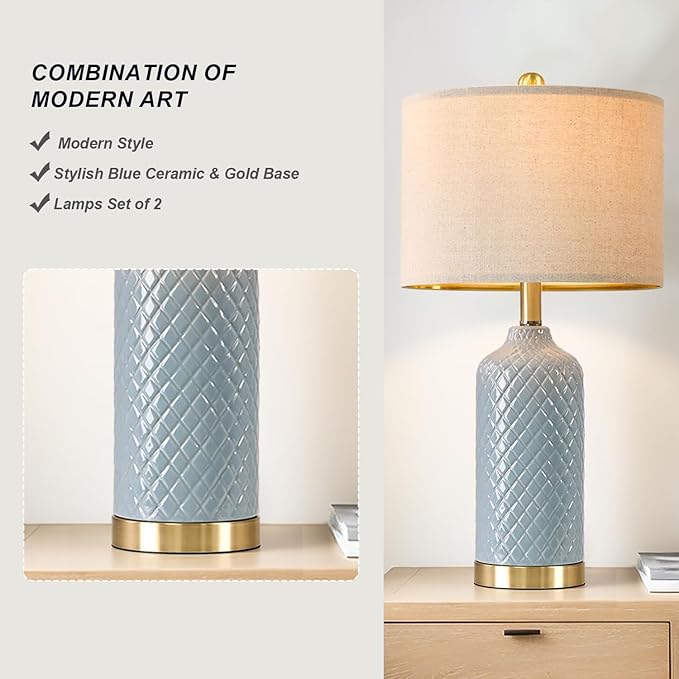 24.25" Table Lamp Modern Ceramic Blue Lamps for Living Room Bedroom Boho Bedside Table Lamps for Night Stands Nightstand Lamp Coastal Side End Table Lamps Reading Light Home Office Dorm Deco Gifts