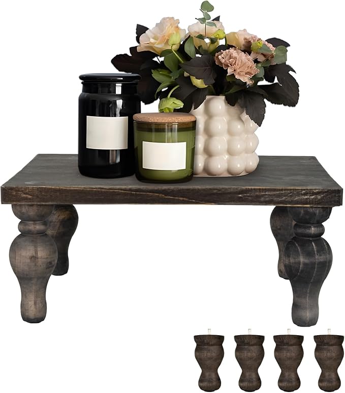 MAONAME Decorative Wooden Display Riser, Farmhouse Wood Pedestal Stand for Display, Rustic Washed Black Tray Riser for Kitchen, Home Table Decor, Short and Tall Footed