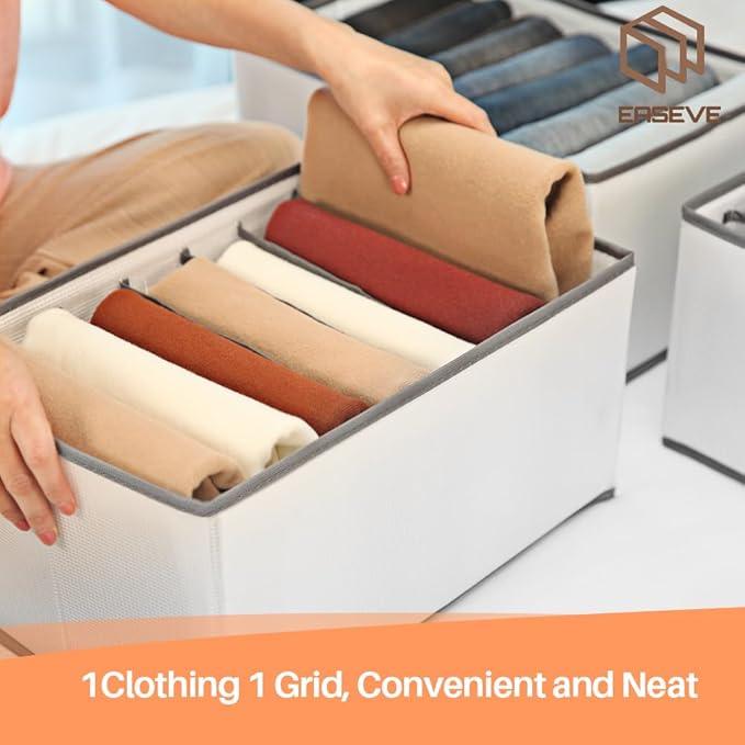 2 Pack Wardrobe Closet Organizer and Storage for Clothes - 7 Grids Foldable Drawer Dividers Organizers for Jeans | Pants | Shirts | Leggings, Stackable Clothing Bins for Closets Organization