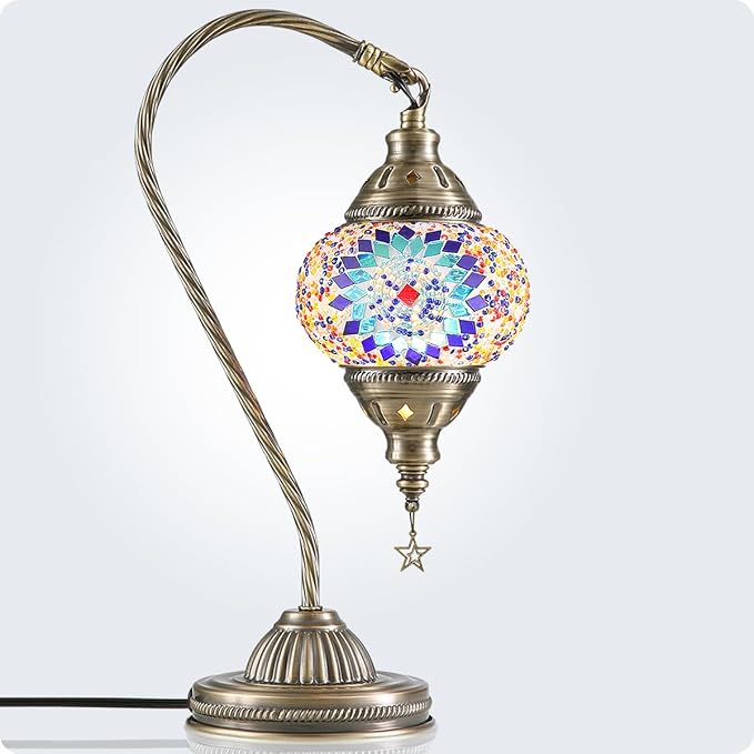 Yarra-Decor Turkish Moroccan Lamp with Bronze Base 3 Color Options Handmade Swan Neck Tiffany Mosaic Glass Bedside Lamps for Bedroom (LED Bulb Included)(1)
