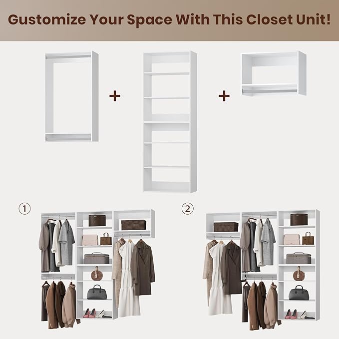 ROOMTEC Modular Closet System, 84" Wall-Mounted Closet Organizer with Hanging Rods, Modern Wooden Tower for Walk-In Closets, Wardrobe Storage Kit, White