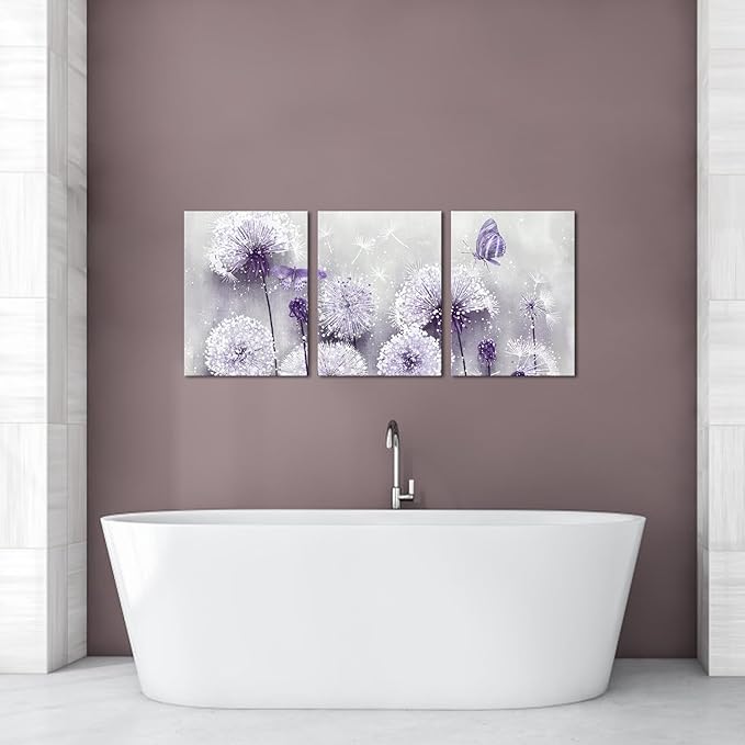 iHAPPYWALL 3 Pieces Lavender Dandelion Canvas Wall Art Abstract Wish Flower Butterfly Picture for Bathroom Bedroom Kitchen Wall Decor Ready to Hang 12x16inchx3pcs (Purple)