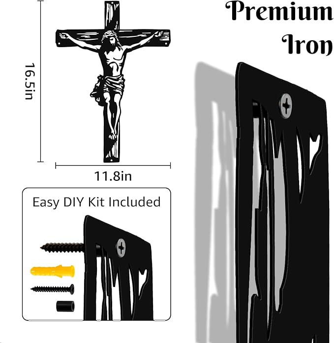 Black Metal Cross Wall Decor - Two Nails Crosses Design, Hollow Out Artistic Hanging Ornament for Home Church Decoration（12.6"x16.5"） (Crucifix Cross)