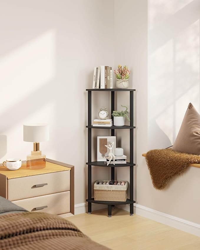 IBUYKE 4 Tier Corner Shelf Stand,Industrial Corner Display Rack,Corner Bookshelf for Living Room, Bedroom, Kitchen, Home Office, Black WBC014B