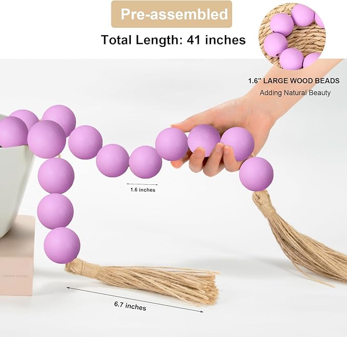 OMISHE Extra Large Wood Bead Garland Purple with 1.6" Diameter Wooden Beads and Tassels, 41" Long Rustic Farmhouse Country Decorative Beads for Home Tiered Tray Decor, Purple