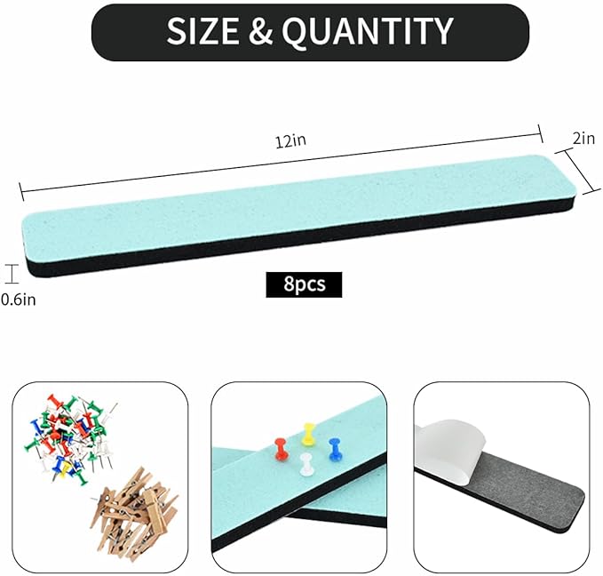 Vuzvuv 8 pcs Bulletin Board Bar Strips with 50 Pushpins & 10 Wooden Clip pins，Self Adhesive Cork Board for Wall，Felt Pin Board for School，Office Decor(Mint Green)