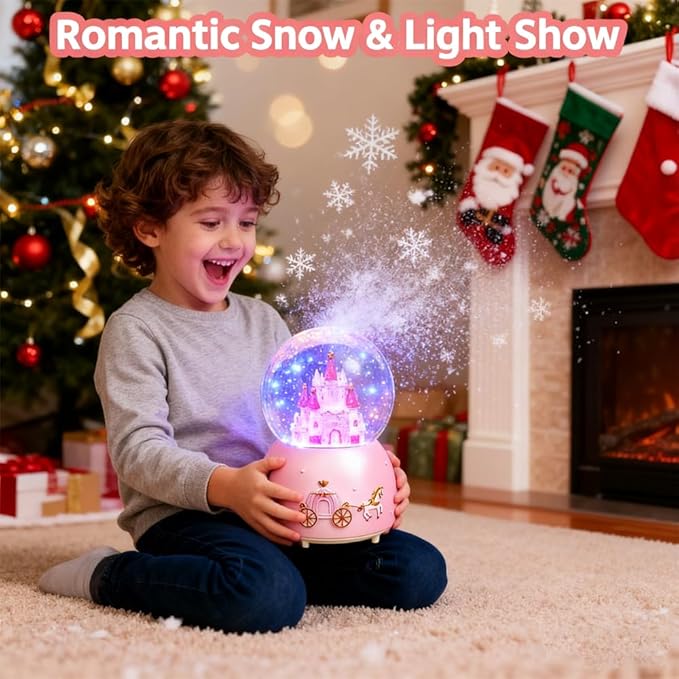 Snow Globe, Castle Musical Snow Globes with Crystal Ball & Colorful LED Lights, Snow Fall Fairy Tale Carriage Castle Snow Globes, Christmas Birthday Gifts for Women, Girls, Kids, Home Room Decor