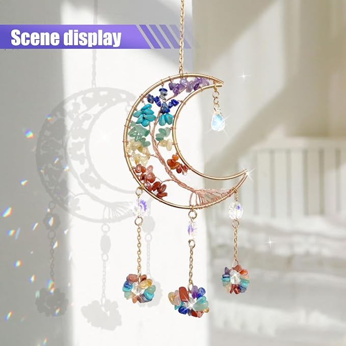 Colorful Moon Car Pendant, Sun Catcher Crystal Stone Craft, Dream Catcher Car Rear View Mirror Charm, Car Hanging Decorative Accessories, Car Interior Ornament for Room Window Wall