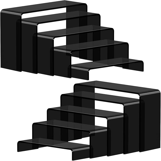 FUNFERY Acrylic Display Risers, 2 Set(7.8" L~8.2" L~8.6" L~9”L~9.3”L) Display Shelf for Figure, Collectibles, Cupcake, 5-Tier Clear Acrylic Stands for Dessert, Jewelry, Candy Showcase