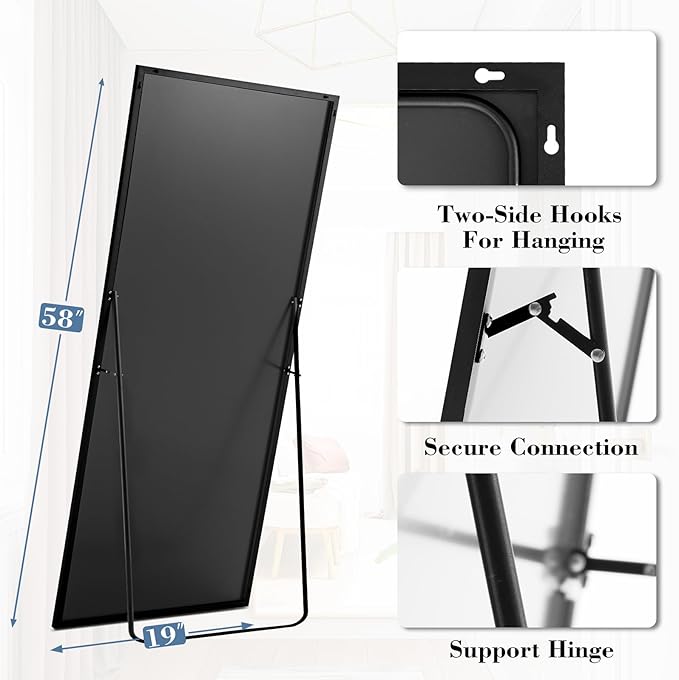 DUMOS 58"x19" Full Length Mirror, Full Body Mirror with Aluminum Alloy Thin Frame, Standing Mirrors with Leaning or Hanging, Suitable for Bedroom, Livingroom, Cloakroom, Black