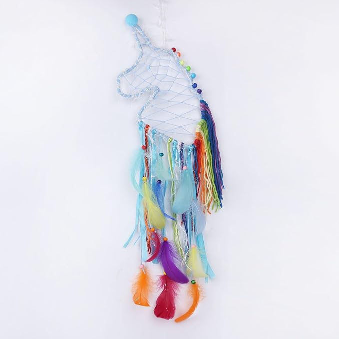 Pretty Jolly Unicorn Dream Catchers for Little Girls Bedroom Handmade Kids Dreamcatcher with Fluffy Pom Poms Feathers&Beads,Nursery Wall Decor for Toddler Girls Room,Children Birthday Gift(Blue)