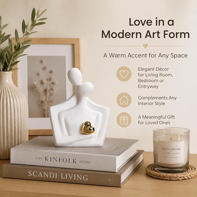 Ceramic Hugging Couple Statue with Gold Heart - Lover Figurine Home Decor Aesthetic, Romantic Gift for Her on Wedding Anniversaries and Valentine's Day Decor for Living Room Bedroom Shelf