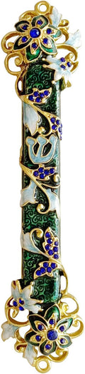 Hand Painted Mezuzah, Exquisite Enamel Mezuzah with Blue Crystal Accent