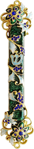Hand Painted Mezuzah, Exquisite Enamel Mezuzah with Blue Crystal Accent