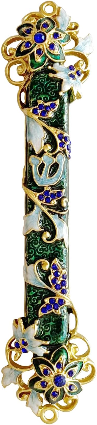 Hand Painted Mezuzah, Exquisite Enamel Mezuzah with Blue Crystal Accent