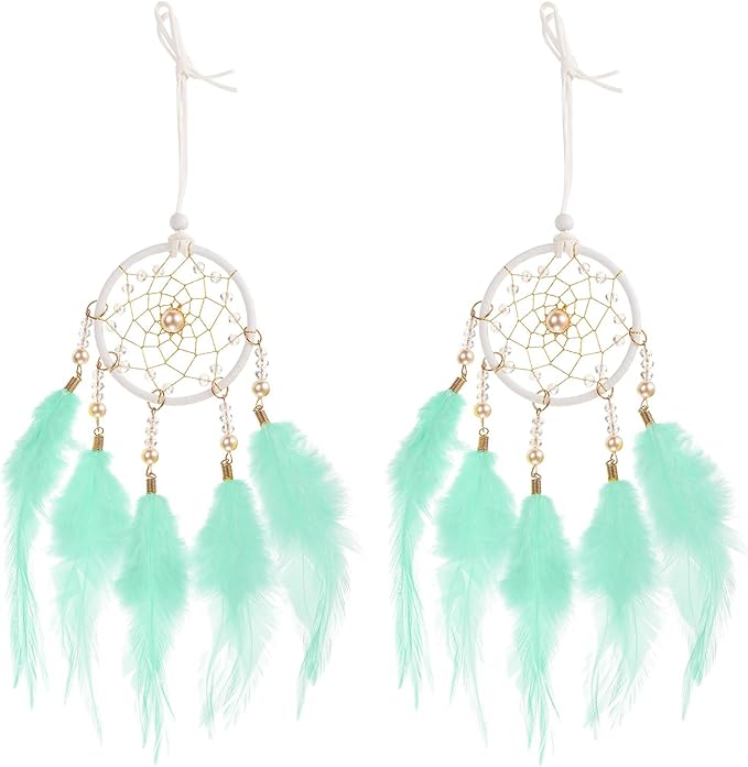 uxcell 2pcs Dream Catchers, Small Handmade Feather Dreamcatcher Supplies Car Charm with Crystal Beads Wall Hanging Decor for Home Car Decoration Ornament Women Friend Gift, Green