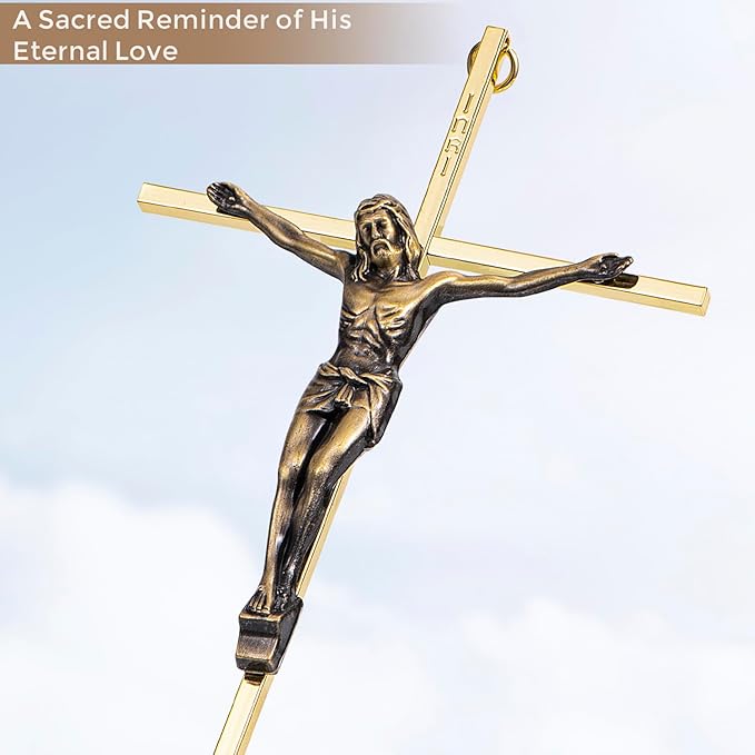 ACHIBANG Gold Crucifix Wall Cross - 10" Catholic Metal Cross with Jesus & INRI, Faith Decor for Wall or Door Display