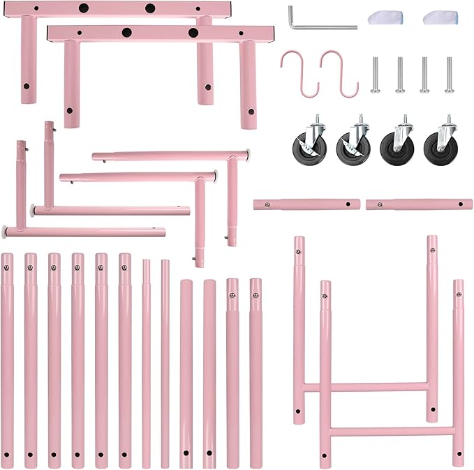 Fishat Portable Pink Double Rods Garment Rack with Rolling Clothes Organizer on Lockable Wheels Mobile for Gilr Women, 48" W x 15" D x 67" H, Metal Simple Hanging Clothes with 2 Hook
