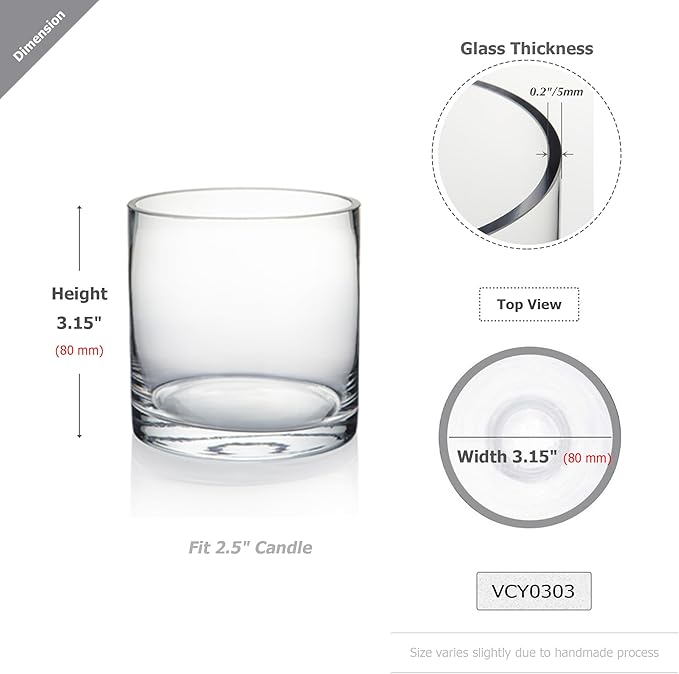 WGV Cylinder Vase, 3" W x 3" H, Clear Skinny Narrow Glass Candle Holder Bud Floral Container Planter Terrarium for Wedding Party Flowers Centerpieces Home Office Decor, 1 Piece