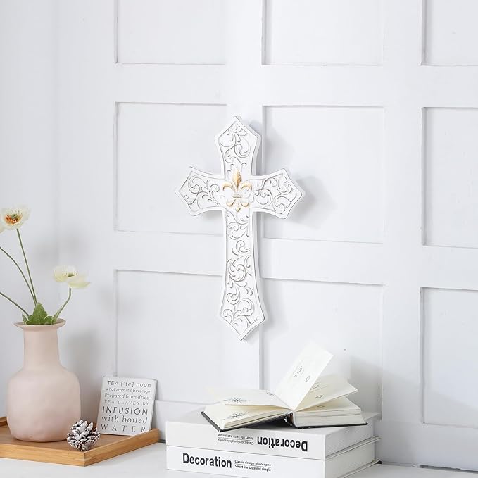 TRENDIN Gold Cross for Wall, Rustic Wooden Cross with Fleur de Lis, Decorative Hanging Christian Wall Art for Home, Living Room, or Bedroom, Distressed White