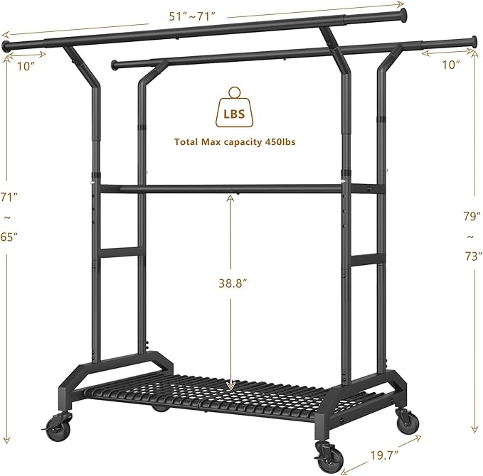 Heavy Duty Clothes Rack Rolling Clothes Rack 3 Rods Clothing Rack 450lbs Capacity 51"-71" L X 19.7" D X 73-79" H Adjustable Rolling Garment Rack
