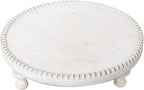 SwallowLiving Rustic White Round Wood Tray Riser Farmhouse Pedestal Stand with Beaded Edge for Decor Whitewash Finish Wooden Cupcake Display for Cakes and Decorative Items 11.8 inches