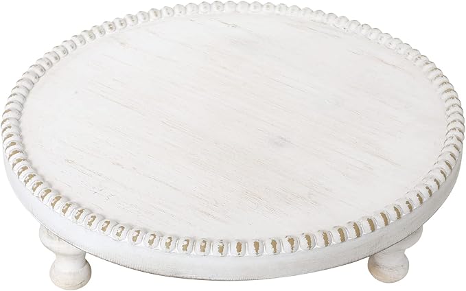 SwallowLiving Rustic White Round Wood Tray Riser Farmhouse Pedestal Stand with Beaded Edge for Decor Whitewash Finish Wooden Cupcake Display for Cakes and Decorative Items 11.8 inches
