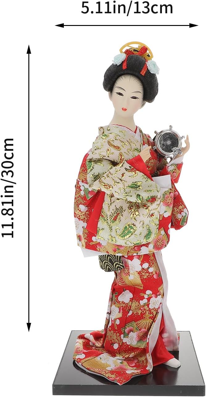 12" Traditional Japanese Geisha Doll Authentic Red Kimono Figurine Hand-Painted Porcelain & Fabric Asian Collectible Statue for Home Office Decor Gift Boxed