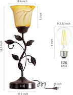Set of 2 Touch Vintage Bedroom Leaf Table Lamps with 2 USB Ports | 3-Way Dimmable Nightstand Flower Lamps, Amber Glass Shade Rustic Lamp for Living Room Bedroom, LED Bulb Included (Bronze)