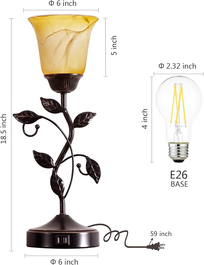 Set of 2 Touch Vintage Bedroom Leaf Table Lamps with 2 USB Ports | 3-Way Dimmable Nightstand Flower Lamps, Amber Glass Shade Rustic Lamp for Living Room Bedroom, LED Bulb Included (Bronze)