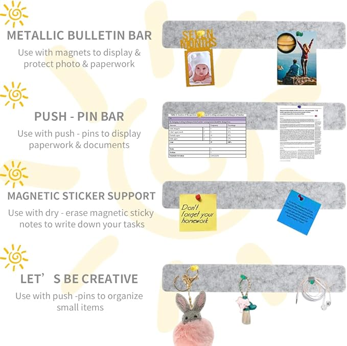 Vuzvuv 8Pcs Light Grey Cork Board Bar Strips with 50 Pushpins & Sticky Notes, Self-Adhesive Bulletin Board Strips No Damage for Wall, Felt Pin Board for Paste Notes, Photos, Schedules Office Decor