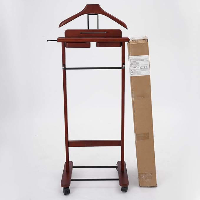 Clothing Valet Stand, Wood Suit Rack, Freestanding Valet Stand for Women and Man, 17"x12"x44" Suit Stand for Home Hotel Office (Reddish Orange)