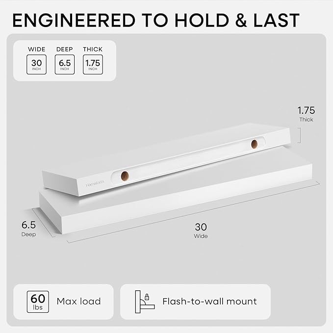Homeforia White Floating Shelves 30 inch, High End Solid Real Wood 30inch Floating Shelf for Wall Mounted, White Wooden 30in Long Floating Shelves, Heavy Duty Bracket, 30 X 6.5 X 1.75 inches, Set of 4