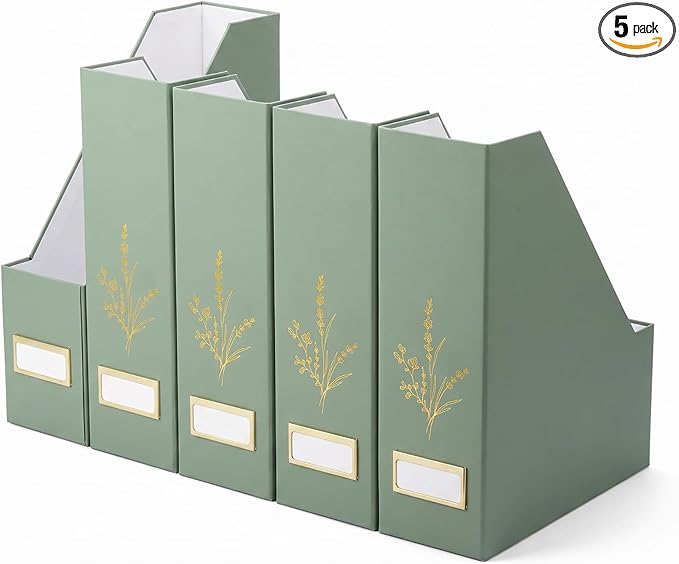 AmazingSpark 5 Pack Magazine File Holder Office Desk Storage Holder Set Vertical Desk Cardboard Organizer for Office Home Classroom Organize Your File Magazines Paperwork Books or Binders(Sage Green)