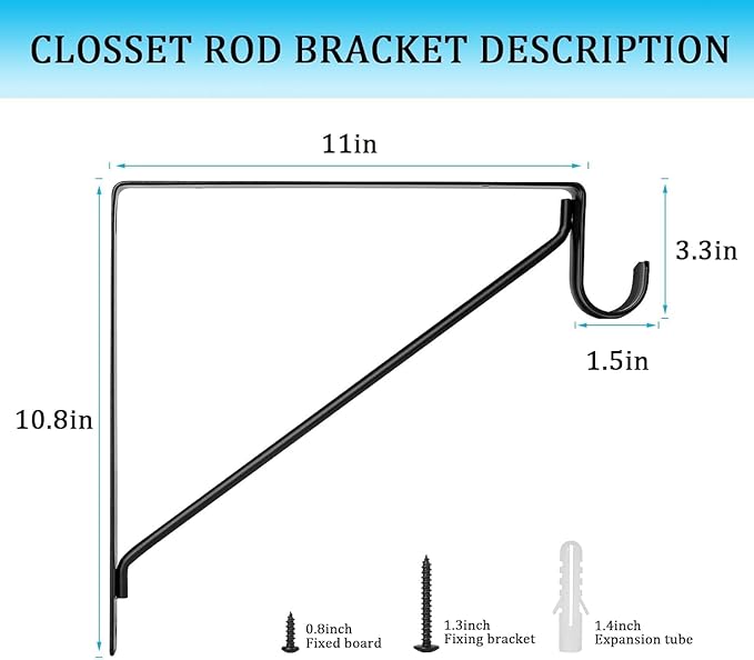 10PCS Heavy Duty Closet Rod Bracket, 11 x 11 Inch Closet Shelf Brackets,Supports 300 lbs,Wall Mount Closet Rod Supports Bracket Hook with Screws, Closet Rod Holders for Home and Closet Decor(Black)