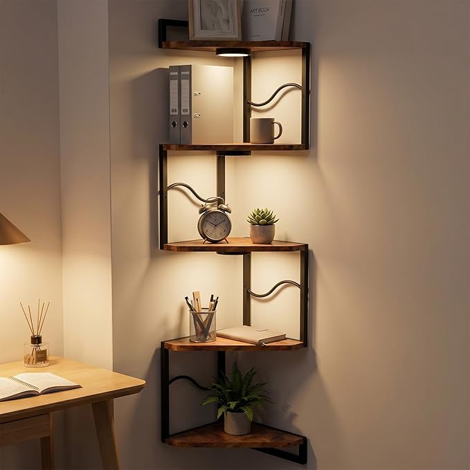 HAAYOT Corner Shelf Wall Mounted with Lights, 5-Tier Floating Metal Shelves for Living Room, Bedroom, Rustic Brown