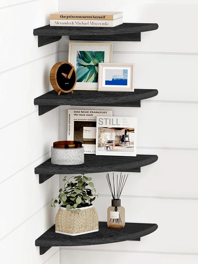 Forbena Black Corner Floating Shelves for Wall Set of 4, Small Rounded Corner Shelves Wall Mount for Bedroom Books, Mini Wood Hanging Corner Shelf for Bathroom Decor, Living Room, Small Spaces