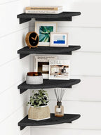 Forbena Black Corner Floating Shelves for Wall Set of 4, Small Rounded Corner Shelves Wall Mount for Bedroom Books, Mini Wood Hanging Corner Shelf for Bathroom Decor, Living Room, Small Spaces