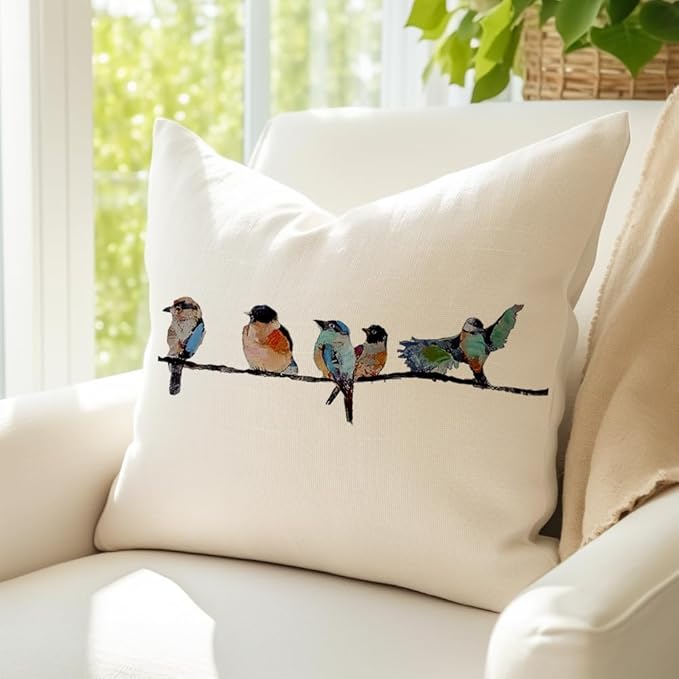 RABUSOFA 18x18 Outdoor Birds Pillow Decorative Throw Pillows,Small Throw Pillows for Couch,Hand-Painted Pillowcases Spring Summer Decorations Cushion Covers Cotton Linen for Sofa Teal Blue